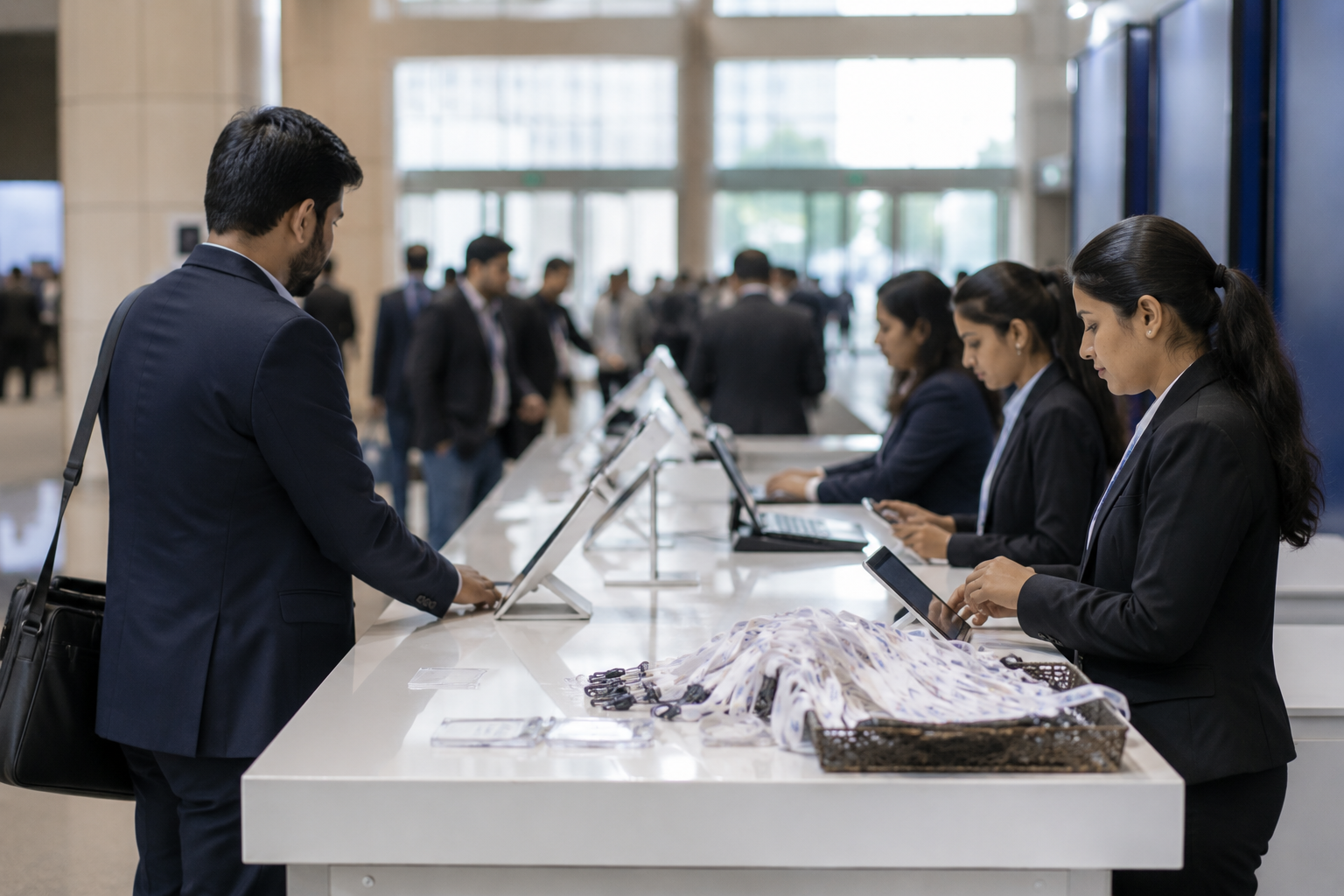 Visitor registration and entry desk at Bharat Fastener Expo